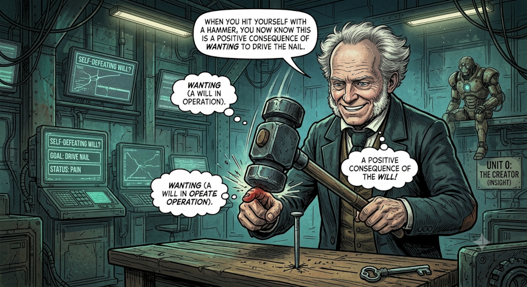 Schopenhauer smiling feeling the desire to drive the nail.