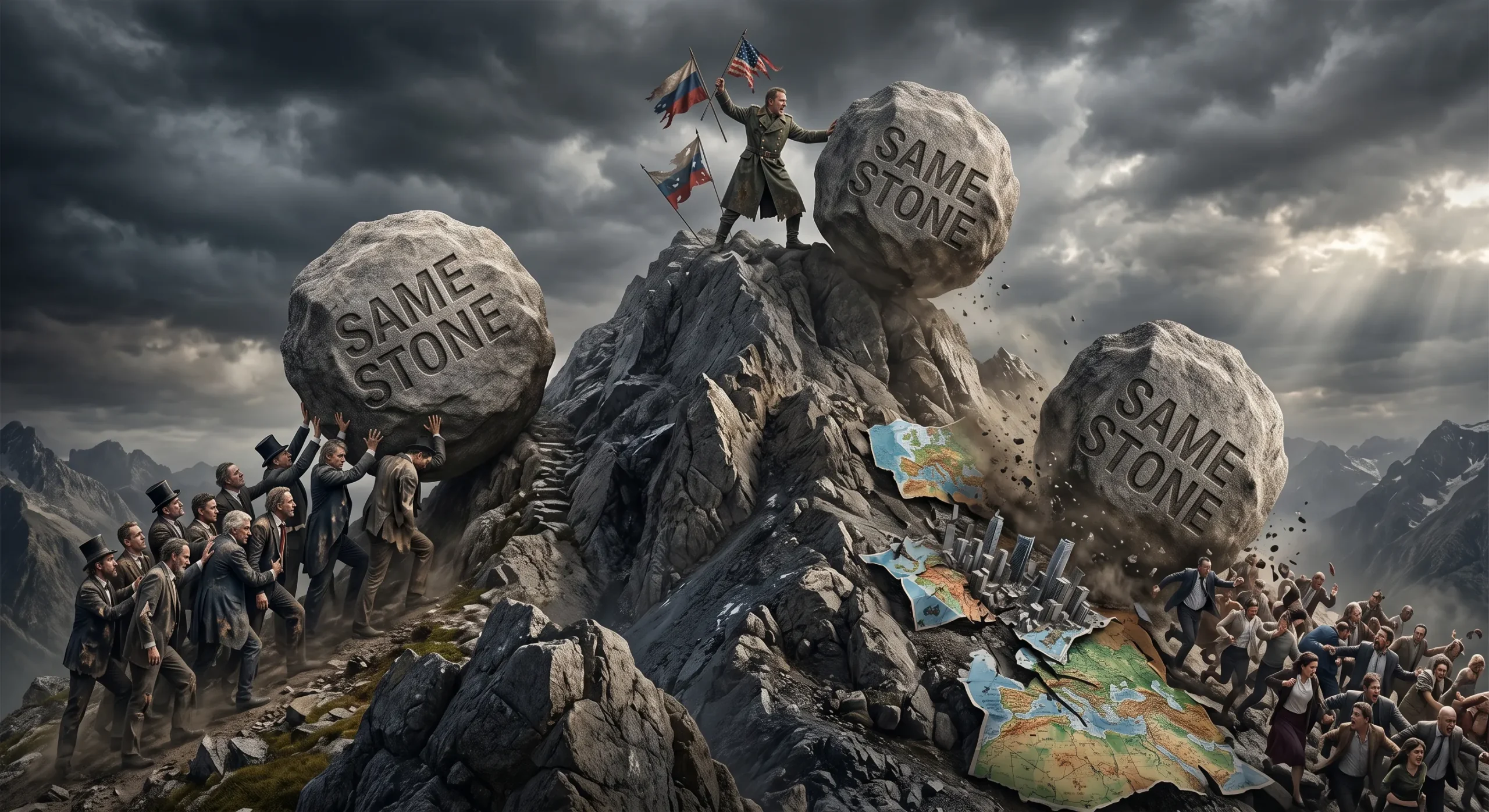 The Same stone is dragged to the mountain by the bourgeoisie. On top it is pushed over the edge by a small elite to crush the mob, countries and debris.